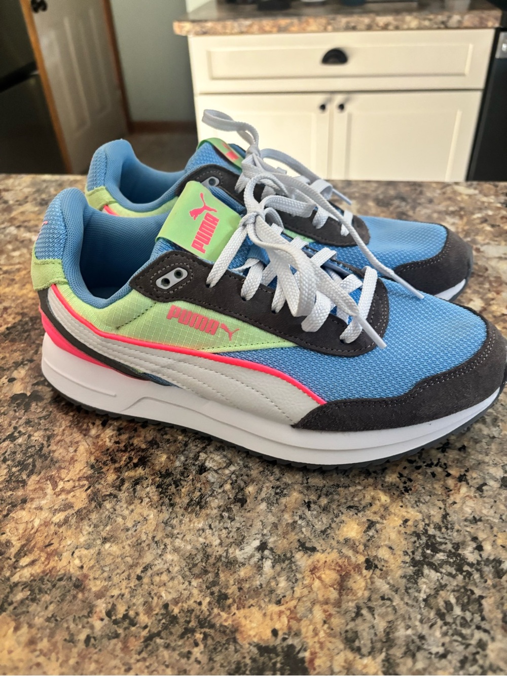 Puma  Blue Mesh Sneakers with Neon Green & Pink Accents